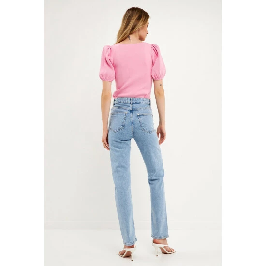 Endless Rose Knit Square Neck Puff Top Tops White - Image 4