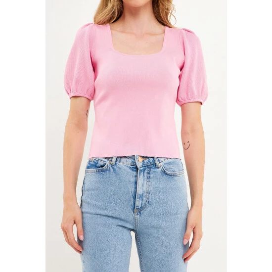 Endless Rose Knit Square Neck Puff Top Tops White - Image 5