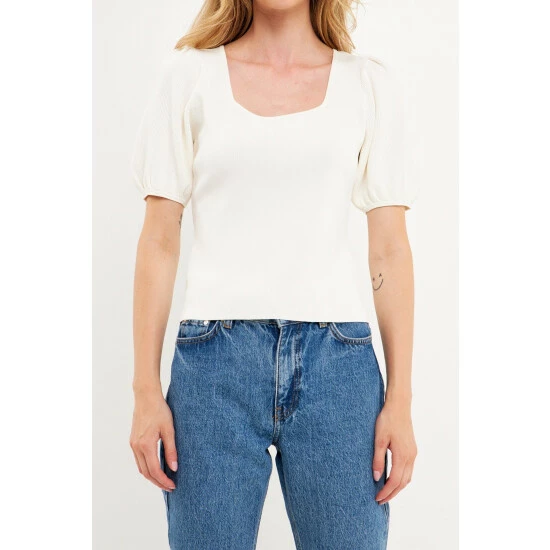 Endless Rose Knit Square Neck Puff Top Tops White - Image 9