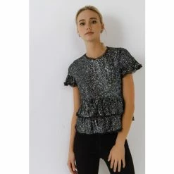 Endless Rose Sequins Baby Doll Top With Mesh Tops Black