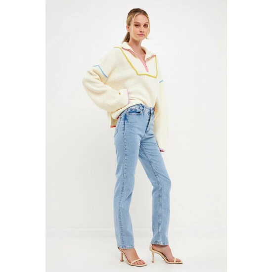 Endless Rose Contrast Piping Quarter-Zip Sweater Sweatshirts & Sweaters Black Multi - Image 7