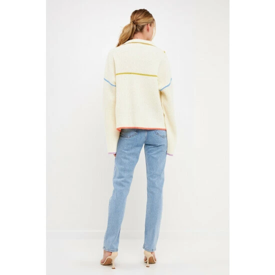 Endless Rose Contrast Piping Quarter-Zip Sweater Sweatshirts & Sweaters Black Multi - Image 8