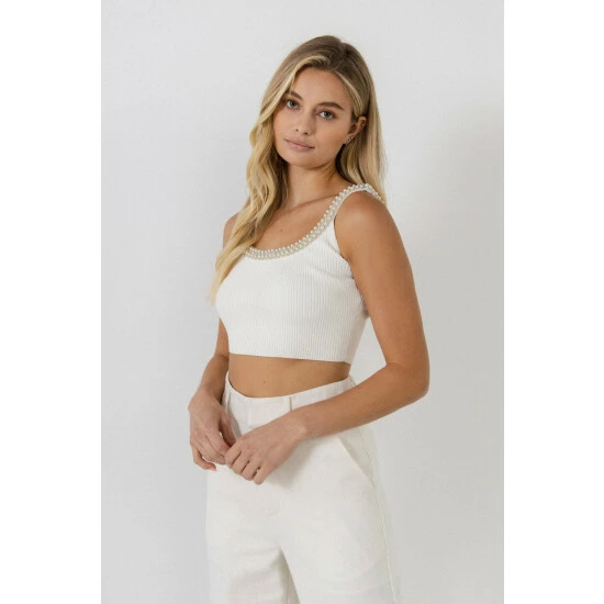 Endless Rose Trim Detailed Scoop Neck Top Tops White