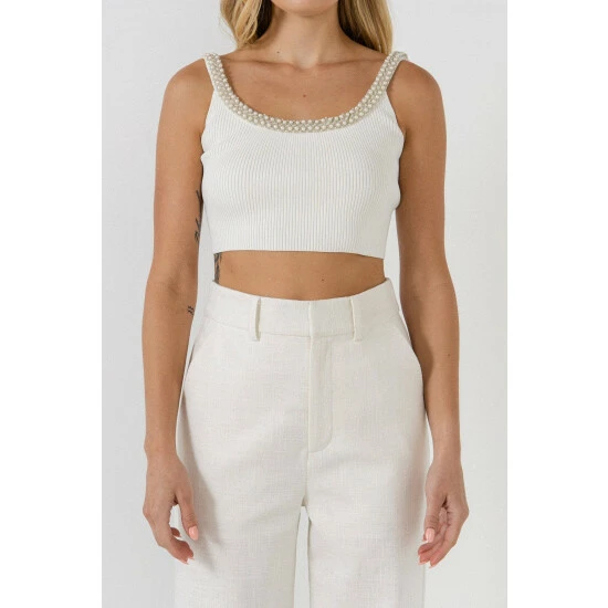 Endless Rose Trim Detailed Scoop Neck Top Tops White - Image 5