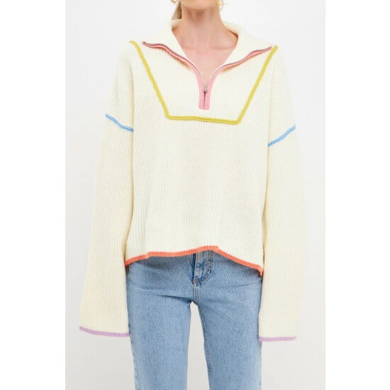 Endless Rose Contrast Piping Quarter-Zip Sweater Sweatshirts & Sweaters Black Multi - Image 9