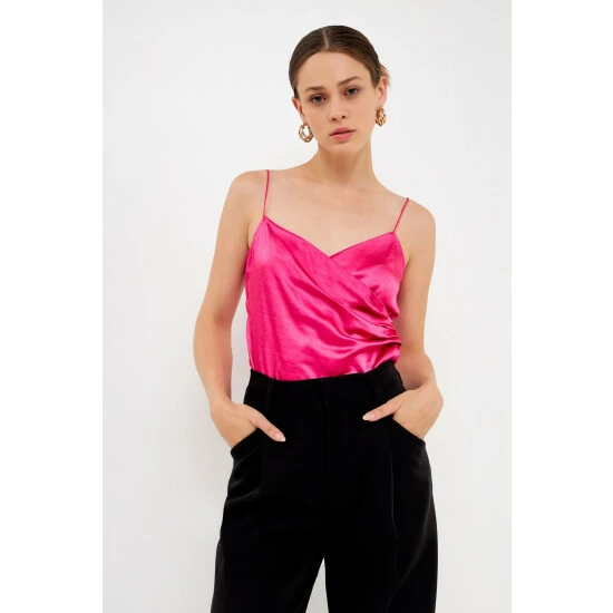 Endless Rose Wrap Cowl Neck Satin Top - Fuchsia Tops 1 Endless Rose Wrap Cowl Neck Satin Top - Fuchsia Tops