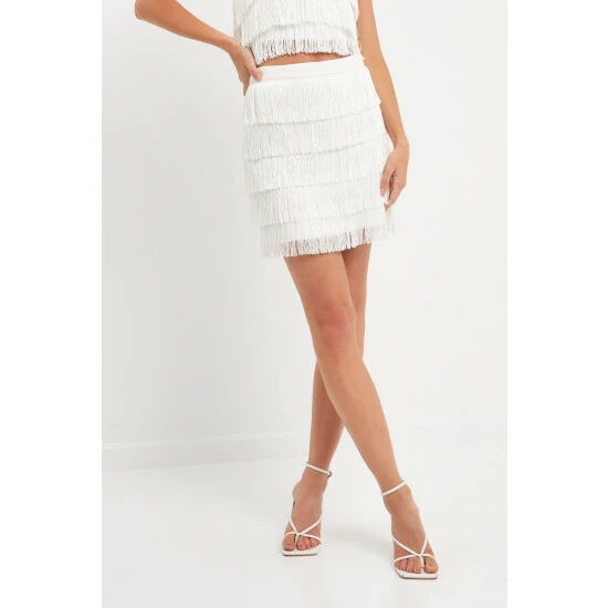 Endless Rose Fringe Tiered Mini Skirt Skirts White