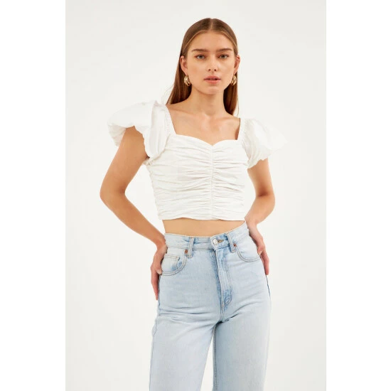 Endless Rose Shirring Detail Puff Sleeve Cropped Top Tops White