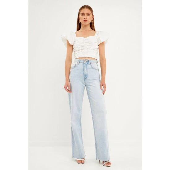 Endless Rose Shirring Detail Puff Sleeve Cropped Top Tops White - Image 2