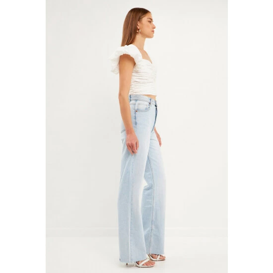 Endless Rose Shirring Detail Puff Sleeve Cropped Top Tops White - Image 3