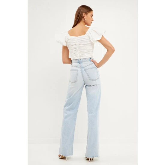 Endless Rose Shirring Detail Puff Sleeve Cropped Top Tops White - Image 4