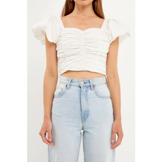 Endless Rose Shirring Detail Puff Sleeve Cropped Top Tops White - Image 5