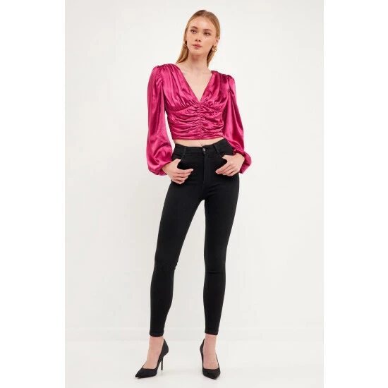 Endless Rose Back Tie Satin Ruched Blouse Tops Berry