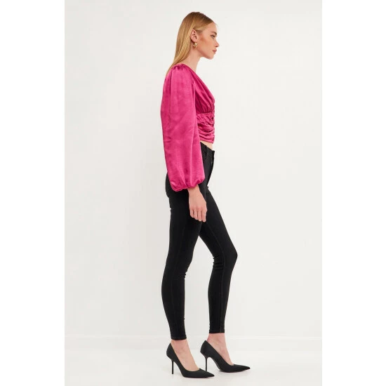 Endless Rose Back Tie Satin Ruched Blouse Tops Berry - Image 2