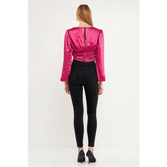 Endless Rose Back Tie Satin Ruched Blouse Tops Berry - Image 3