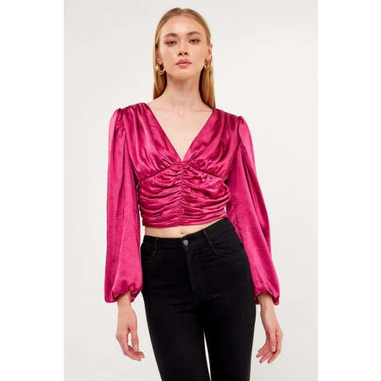 Endless Rose Back Tie Satin Ruched Blouse Tops Berry - Image 4