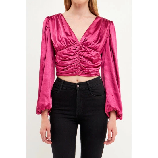 Endless Rose Back Tie Satin Ruched Blouse Tops Berry - Image 5