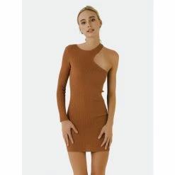 Endless Rose Cut Out One Sleeve Knit Dress Dresses Tan