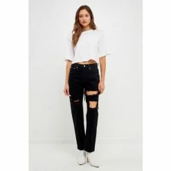 Endless Rose Cut Out Ripped Straight Leg Denim Jeans & Denim