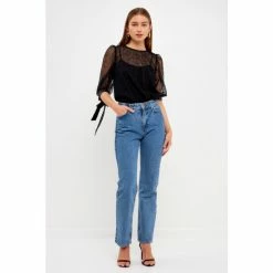 Endless Rose Embroidered Puff Sleeve Satin Bow Top Tops Black