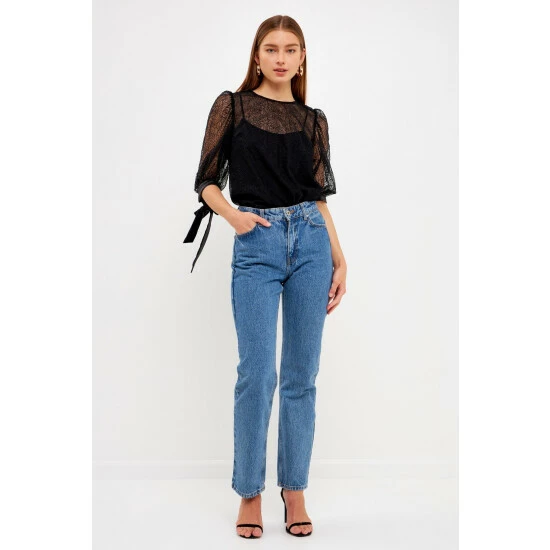 Endless Rose Embroidered Puff Sleeve Satin Bow Top Tops Black