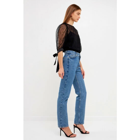 Endless Rose Embroidered Puff Sleeve Satin Bow Top Tops Black - Image 2