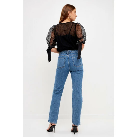 Endless Rose Embroidered Puff Sleeve Satin Bow Top Tops Black - Image 3