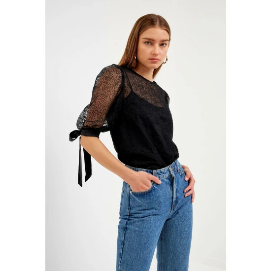 Endless Rose Embroidered Puff Sleeve Satin Bow Top Tops Black - Image 4