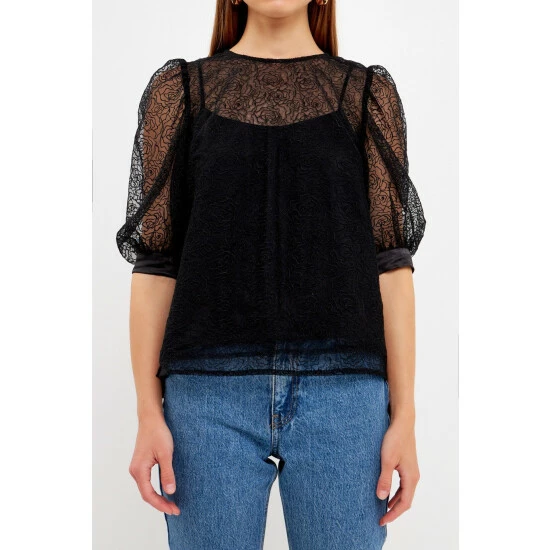 Endless Rose Embroidered Puff Sleeve Satin Bow Top Tops Black - Image 5