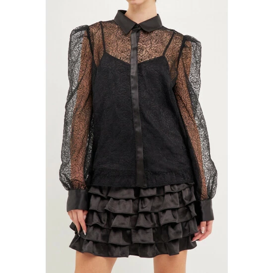 Endless Rose Embroidered Mesh See Through Blouse Tops Black - Image 5