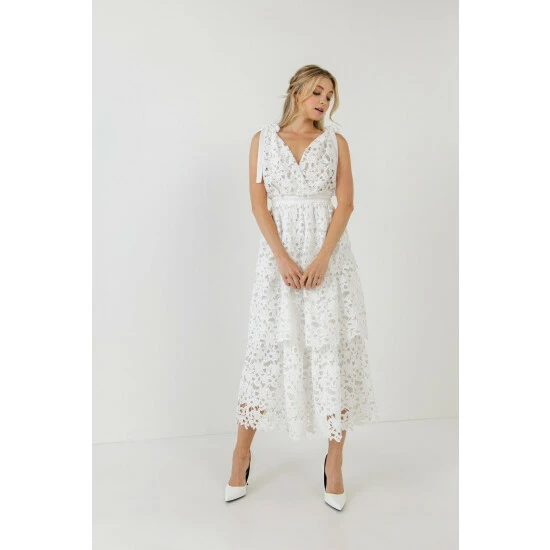 Endless Rose Shoulder Strap Detailed Tiered Midi Dress Dresses White