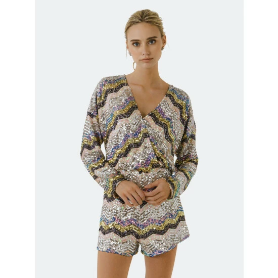 Endless Rose Chevron Sequins Wrapped Romper Jumpsuits & Rompers Multi