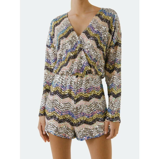 Endless Rose Chevron Sequins Wrapped Romper Jumpsuits & Rompers Multi - Image 5