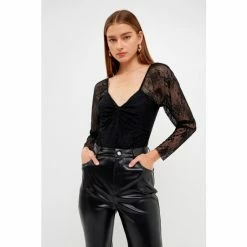 Endless Rose Super Cheeky Floral Lace Bodysuit Tops Black