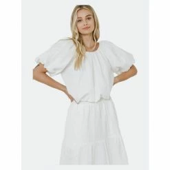 Endless Rose Floral Texture Puff Cropped Top Tops White