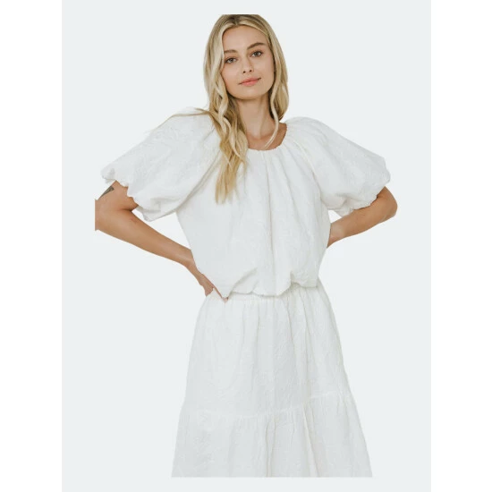 Endless Rose Floral Texture Puff Cropped Top Tops White