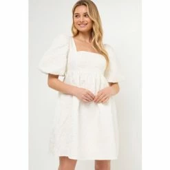 Endless Rose Open Back Floral Jacquard Puff Dress Dresses White