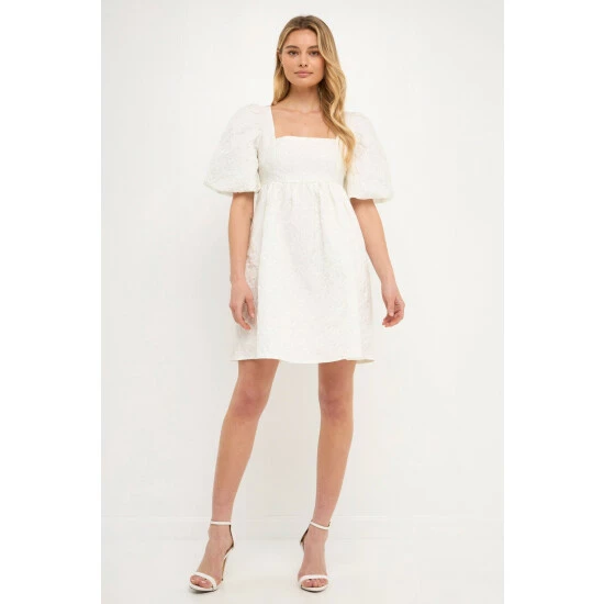 Endless Rose Open Back Floral Jacquard Puff Dress Dresses White 2 Endless Rose Open Back Floral Jacquard Puff Dress Dresses White - Image 2