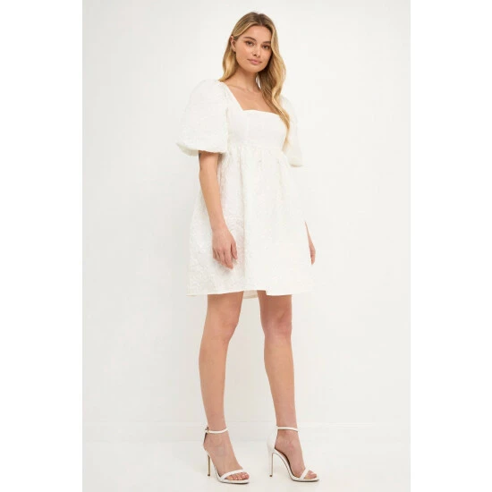 Endless Rose Open Back Floral Jacquard Puff Dress Dresses White 3 Endless Rose Open Back Floral Jacquard Puff Dress Dresses White - Image 3