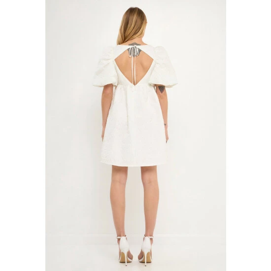 Endless Rose Open Back Floral Jacquard Puff Dress Dresses White 4 Endless Rose Open Back Floral Jacquard Puff Dress Dresses White - Image 4