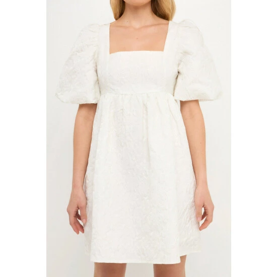 Endless Rose Open Back Floral Jacquard Puff Dress Dresses White 5 Endless Rose Open Back Floral Jacquard Puff Dress Dresses White - Image 5