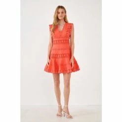 Endless Rose Plunging Neck Lace Trim Dress Dresses Navy