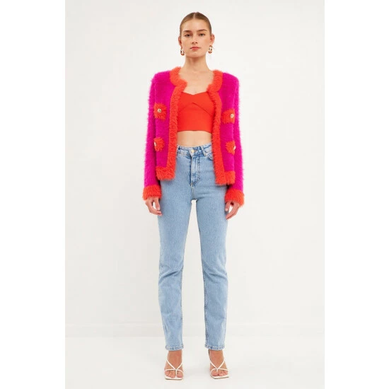 Endless Rose Shank Button With Color Block Cardigan Sweatshirts & Sweaters Fuchsia Combo - Image 6