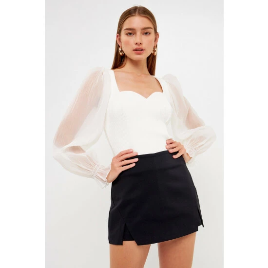 Endless Rose Organza Sleeve Knit Top Tops White - Image 4