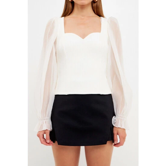 Endless Rose Organza Sleeve Knit Top Tops White - Image 5