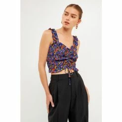 Endless Rose Floral Print Smocked Top Tops Black Multi