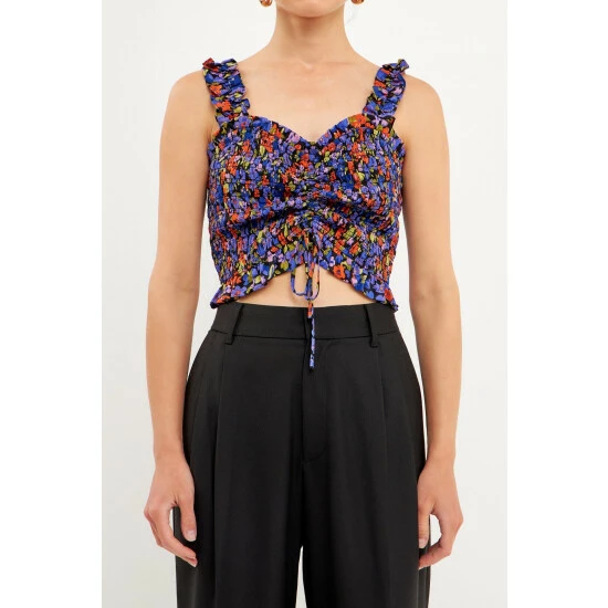 Endless Rose Floral Print Smocked Top Tops Black Multi - Image 5
