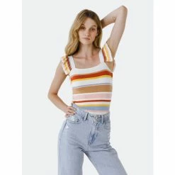 Endless Rose Multi Stripe Ruffled Knit Top Tops