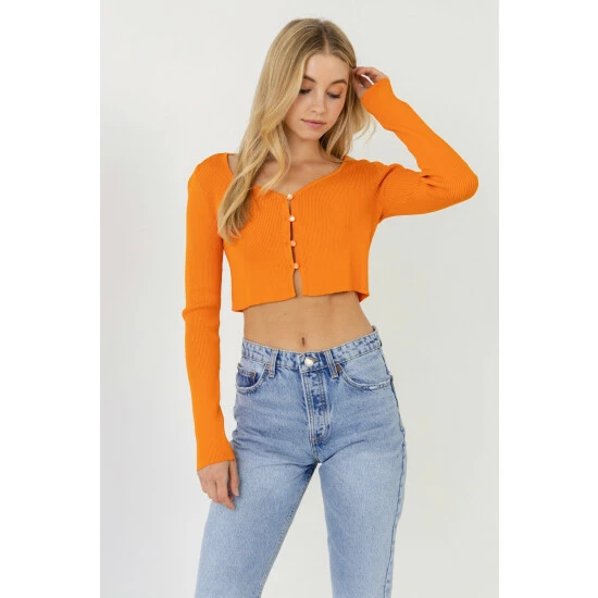 Endless Rose Cropped Button Down Cardigan Sweatshirts & Sweaters Orange