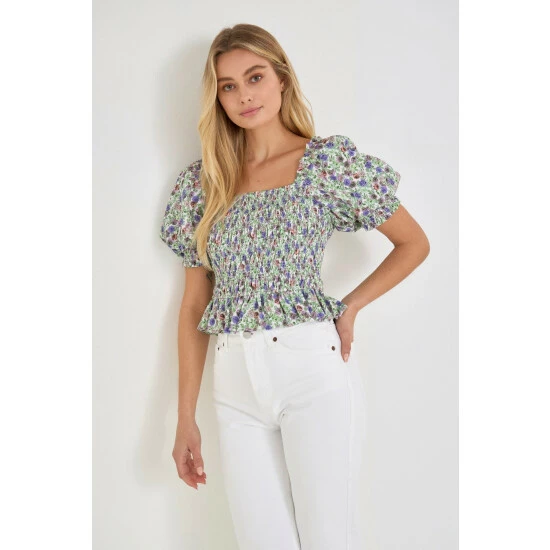 Endless Rose Jacquard Floral Smocked Puff Sleeve Top Tops Ivory/purple